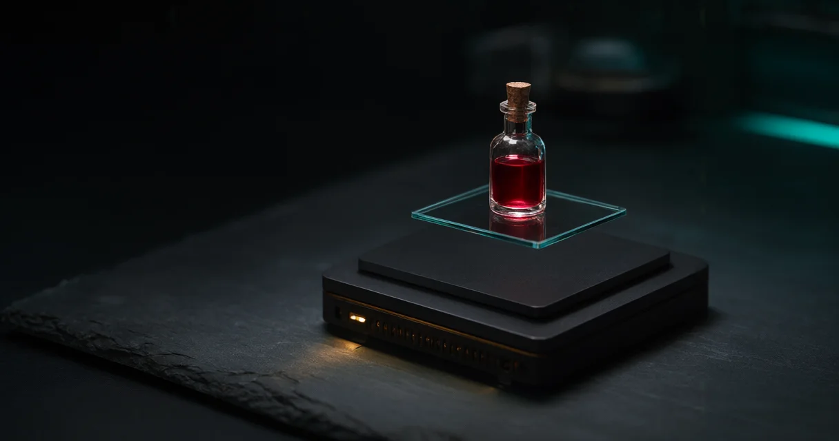 Qwen-Image 2.1 output: a compact PC and a red potion bottle on a glass pane, lit in amber and teal.