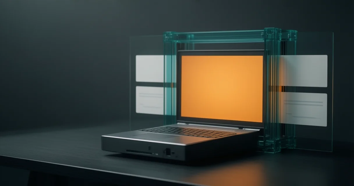 Qwen-Image-2512 output: an amber image panel above a compact computer, with a teal frame and dark space on the left.