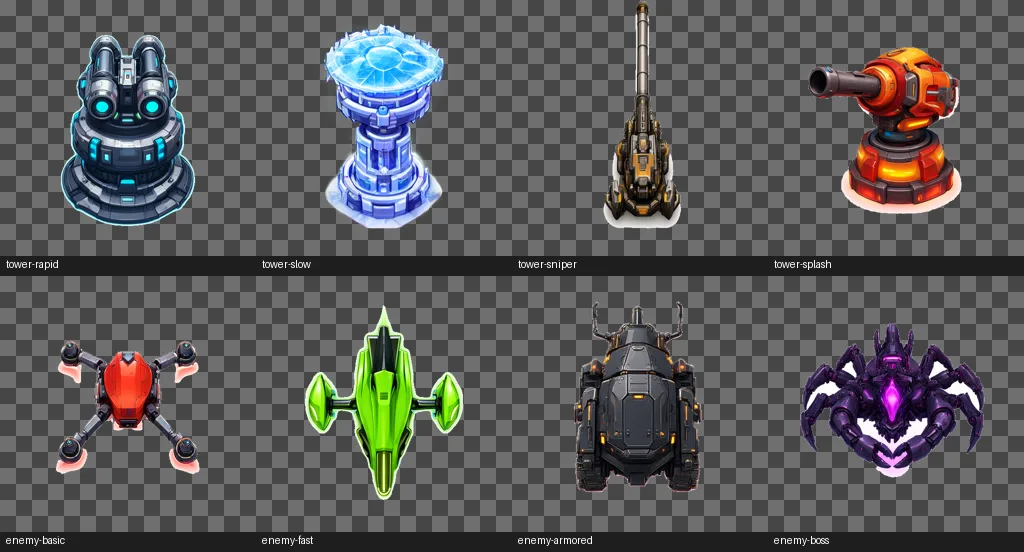 Eight generated game sprites on a transparent checkerboard: four turrets in cyan, frost blue, amber, and orange, and four enemies including a red drone, a green hover bike, an armored tank, and a purple crab-like boss.