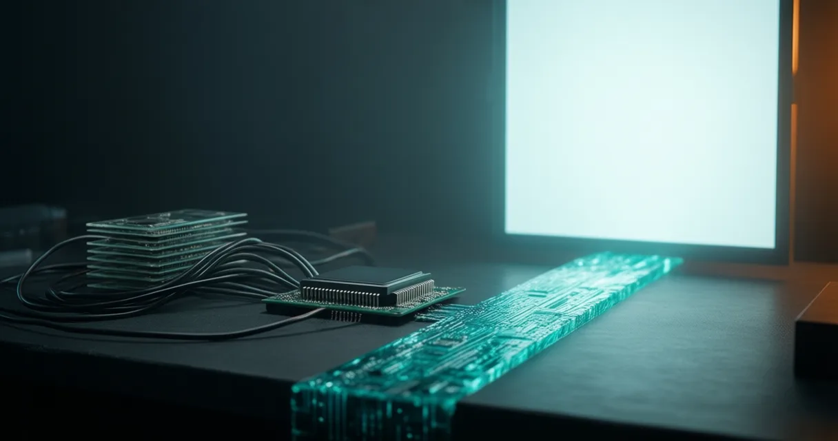 Circuit boards and cables beside a teal-lit screen