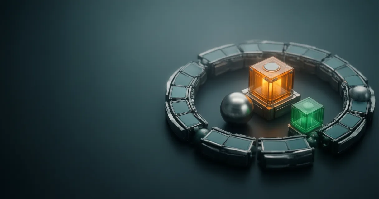 A circular testing loop carrying dark spheres past amber and green validation blocks
