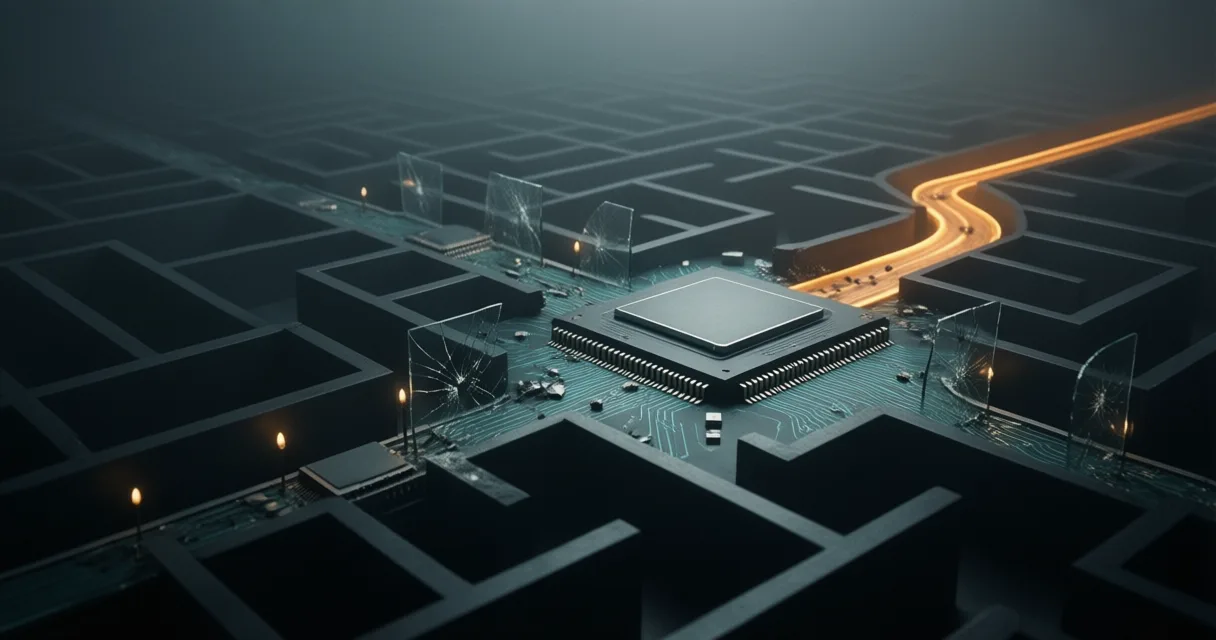 A processor at the center of a maze crossed by an amber path