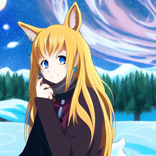 An anime-style fox girl against a snowy landscape, generated with SD 1.5