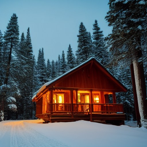 A wooden cabin in a snowy forest at dusk, generated with SD 1.5